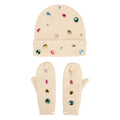 White Knit Rhinestone Beanie and Mittens Set