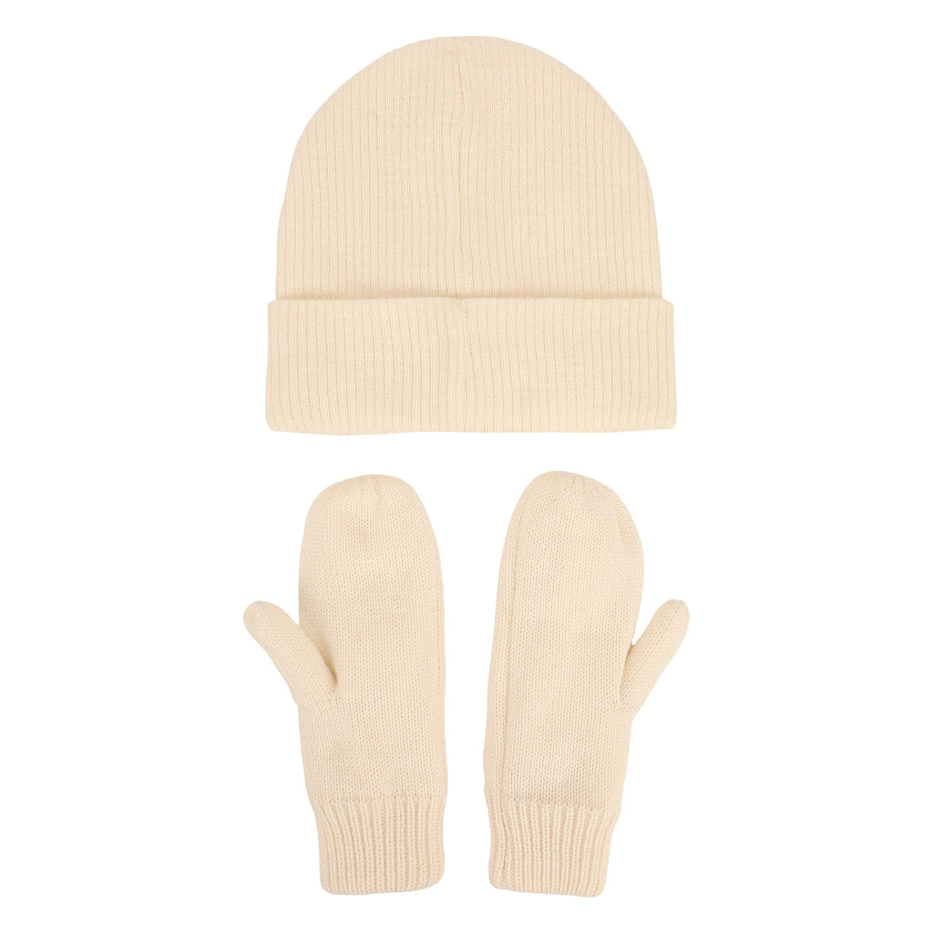 White Knit Rhinestone Beanie and Mittens Set