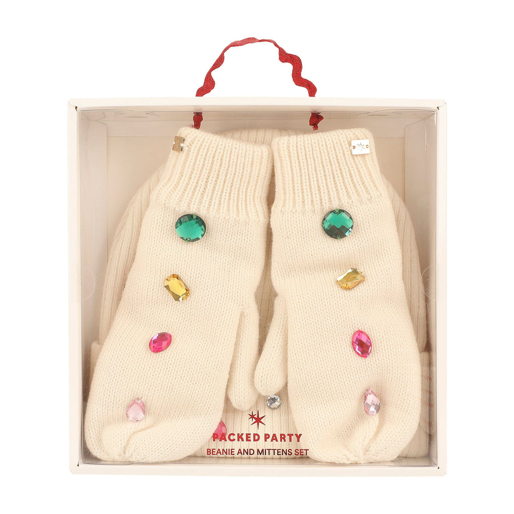 White Knit Rhinestone Beanie and Mittens Set