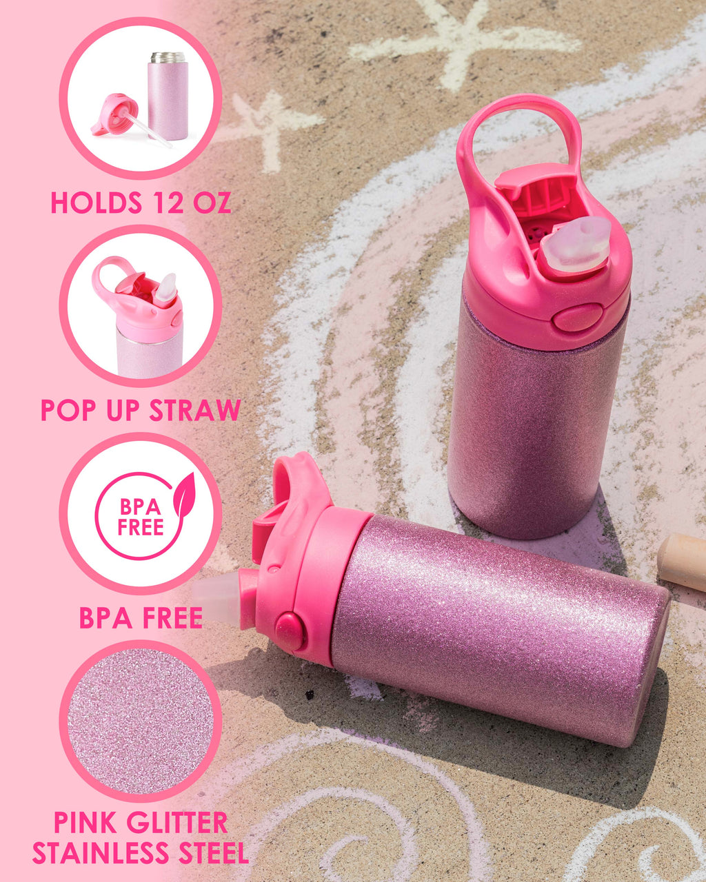 Pink Stainless Steel Glitter Water Bottle