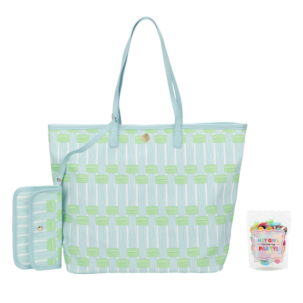 Blue Lattice Oversized Tote with Wallet