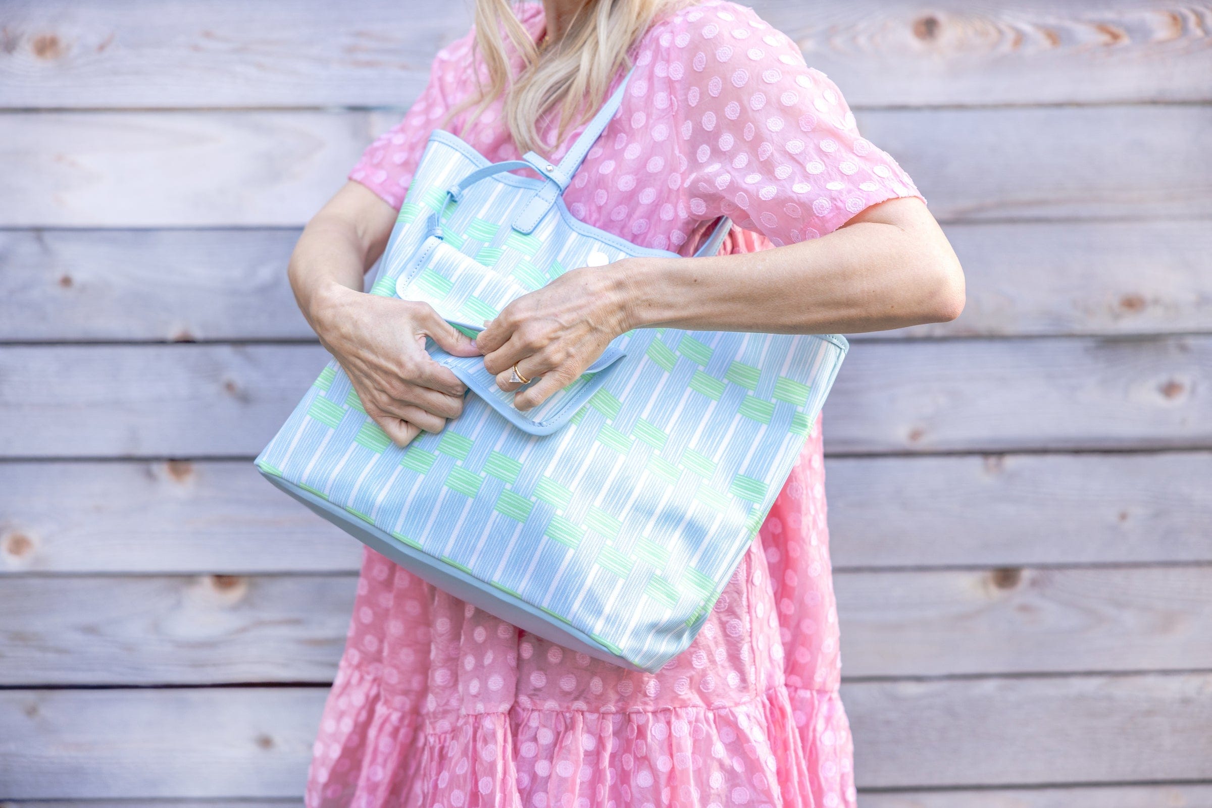Blue Lattice Oversized Tote with Wallet