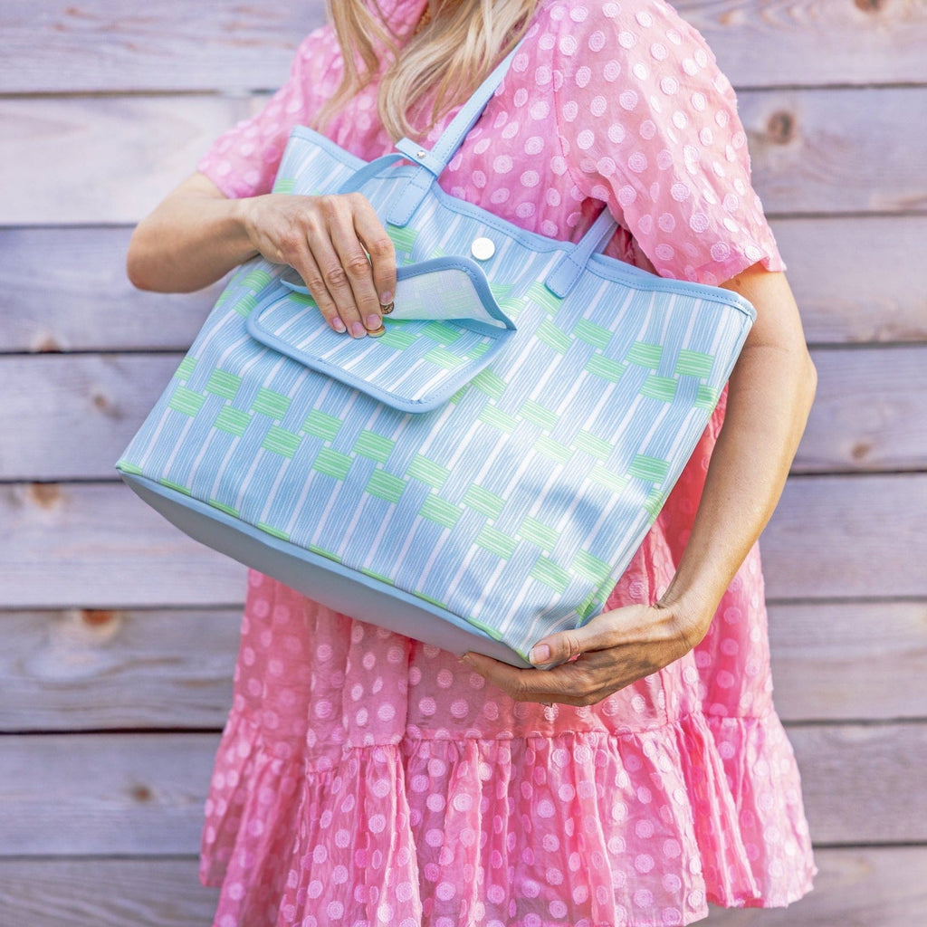 Blue Lattice Oversized Tote with Wallet