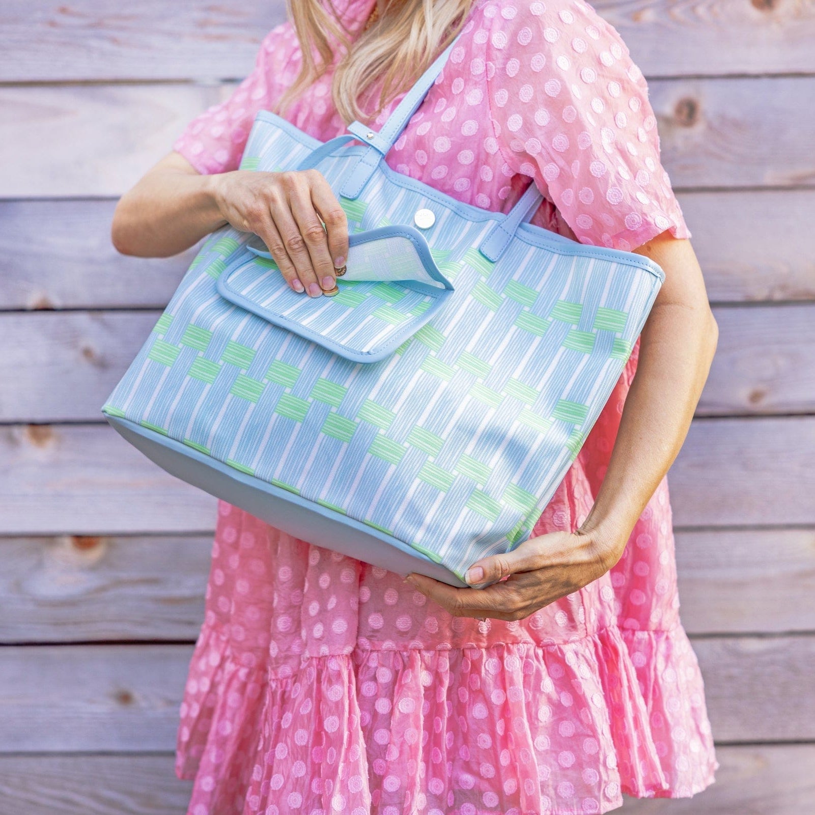 Blue Lattice Oversized Tote with Wallet