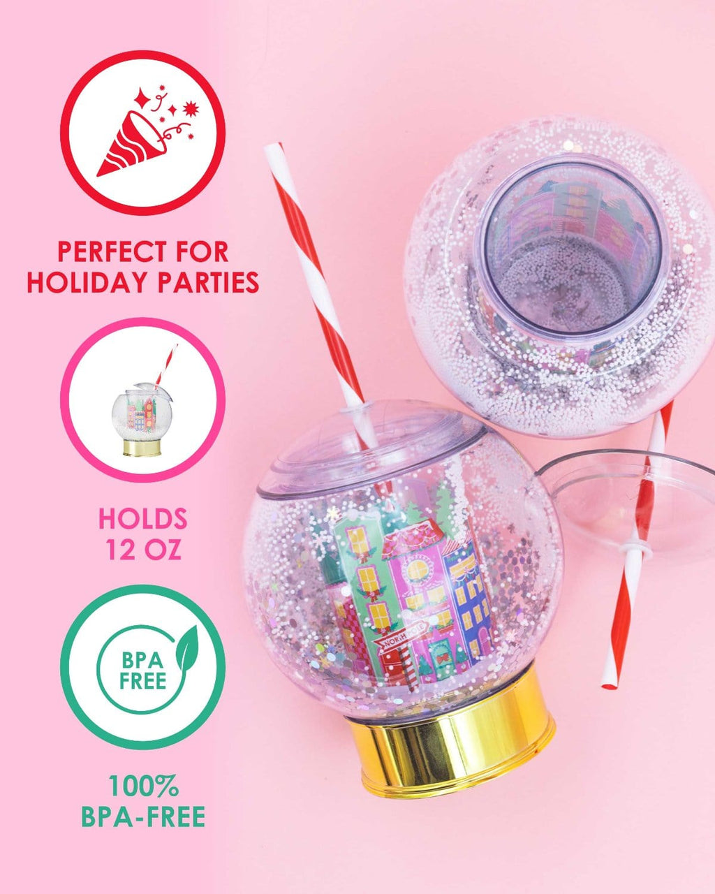Holiday Village Snow Globe Novelty Sipper (Christmas Cup - set of 1, 6, or 12)