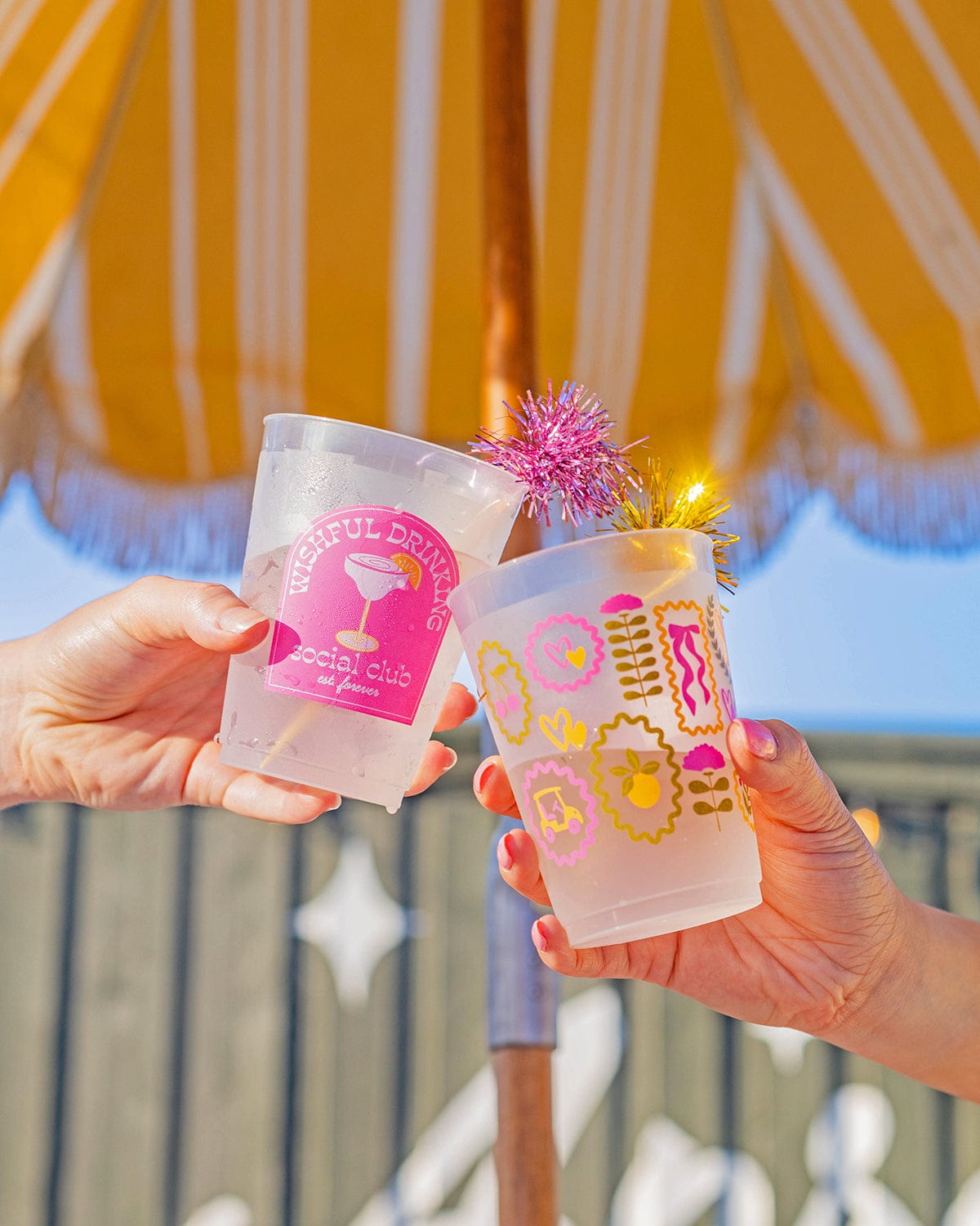 Wishful Drinking Reusable Party Cups with Pom Stirs (Set of 10)