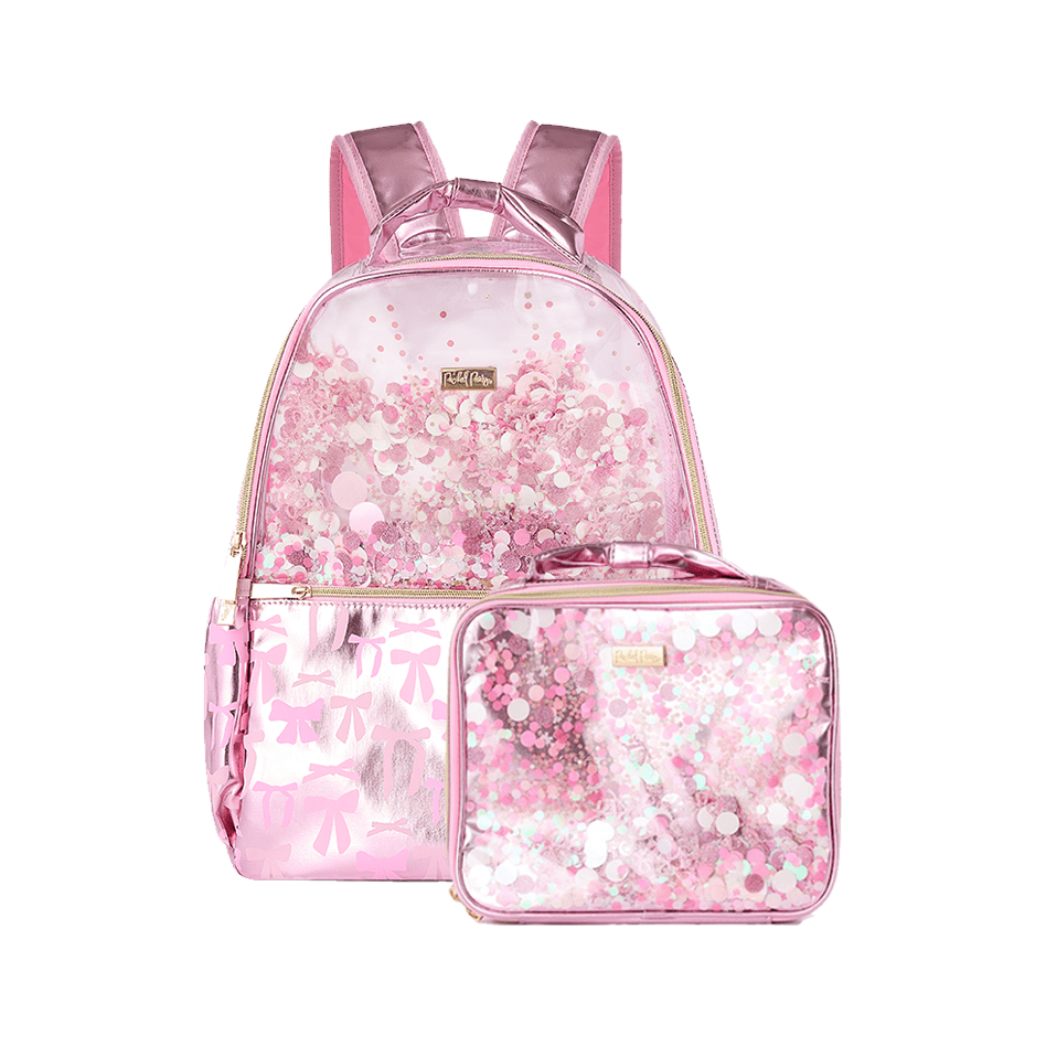 Pink Confetti Bows Backpack and Lunchbox Bundle